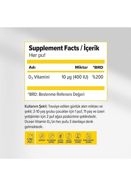 Vitamin D3 400 Iu 130 Puf Oral Sprey (1 x 20 Ml) fiyatları