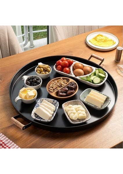 Metal 51CM Ahşap Kulplu Siyah Metal Tepsi Yuvarlak Çay Tepsisi Sunum Tepsisi Tahta Kulplu Büyük Tepsi LN1305S