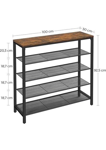 Ayakkabı Rafı, Ayakkabı Rafı, 4 Izgaralı ve Geniş Yüzeyli Cepler Için, Giriş Alanı, Koridor, Metal, Endüstriyel Tasarım, 30 x 100 x 92,5 Cm, Vintage Kahverengi-Siyah LBS15BX modelleri