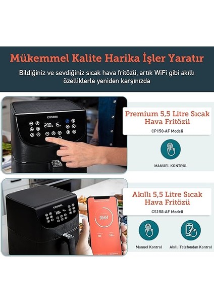 Akıllı Wifi Sıcak Hava Fritözü 5.5 Litre Air Fryer Xxl, Kare ve Çıkarılabilir Basket, 13 Fonksiyon, 100'DEN Fazla Tarif ve 11 Ön Ayar, Bulaşık Makinesinde Yıkanabilir, Siyah modelleri