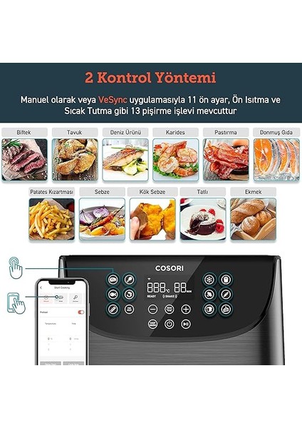Akıllı Wifi Sıcak Hava Fritözü 5.5 Litre Air Fryer Xxl, Kare ve Çıkarılabilir Basket, 13 Fonksiyon, 100'DEN Fazla Tarif ve 11 Ön Ayar, Bulaşık Makinesinde Yıkanabilir, Siyah fırsatları