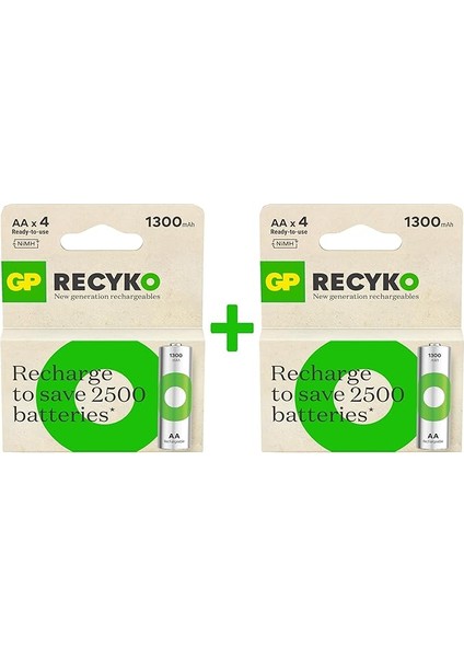 Batteries Recyko 1300 Aa Kalem Ni-Mh Şarjlı Pil, 1.2 Volt, 8 Adet Pil