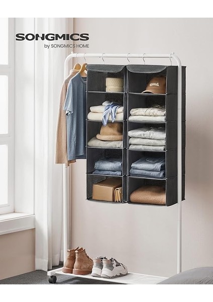 Askılı Gardırop Saklama Düzenleyici, 2'li Set Askılı Saklama Rafları, Katlanabilir Gardırop Giysi Düzenleyiciler, Metal Kancalı, Bambu Çubuklu, Keten Desenli, Gri RCH005G02 fiyatları