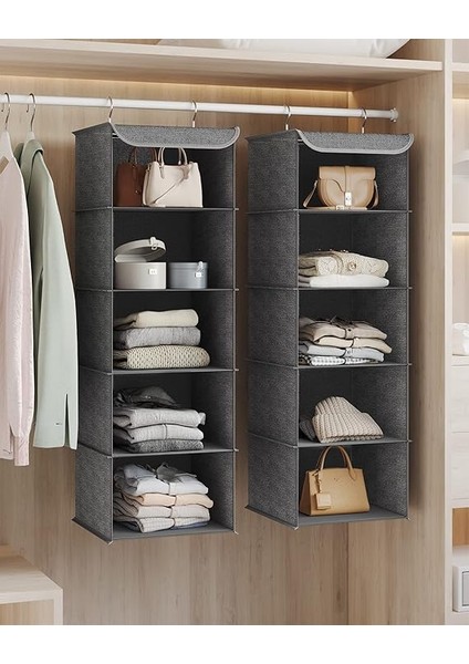 Askılı Gardırop Saklama Düzenleyici, 2'li Set Askılı Saklama Rafları, Katlanabilir Gardırop Giysi Düzenleyiciler, Metal Kancalı, Bambu Çubuklu, Keten Desenli, Gri RCH005G02 fırsatları