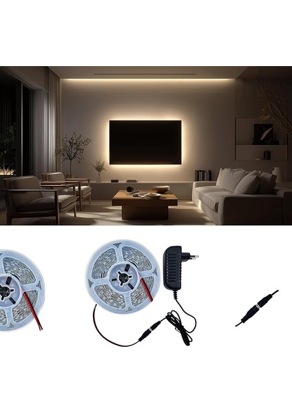 Şerit LED 5 Metre Günışığı - Iç Mekan Tak Çalıştır Adaptör Dahil 12V IP20 Yeni Nesil Yüksek Lümen, Tezgah, Dolap, Mutfak, Ayna Aydınlatma Için