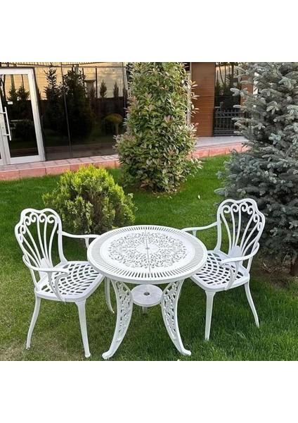 Ferforje Görünümlü Masa ve Sandalye, Bahçe, Balkon ve Dış Mekanda Kullanılabilir, 2 Yıl Garantili, 150 kg Taşıma Kapasiteli, Plastik Masa ve Sandalye Takımı (Beyaz, Standart)