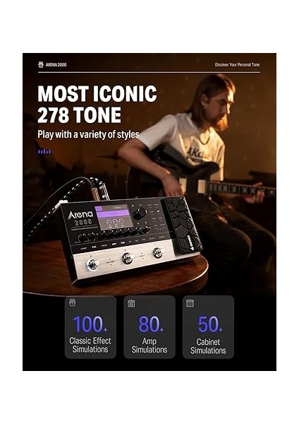 Çok Efekt Pedalı, ARENA2000 Gitar Pedalları, 278 Efektli, 100 Ir, Looper, Davul Makinesi, Amp Modelleme, Destek Xlr, Mıdı In modelleri