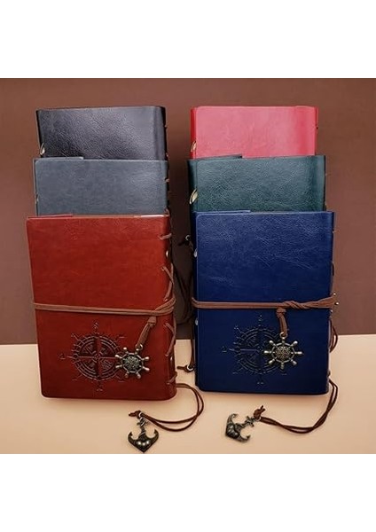 Pusula Baskılı Çapa ve Dümen Kolye Uçlu Deri Kapaklı Günlük Not Defteri Denizci Defter Özel Tasarım Hediyelik Kırmızı modelleri