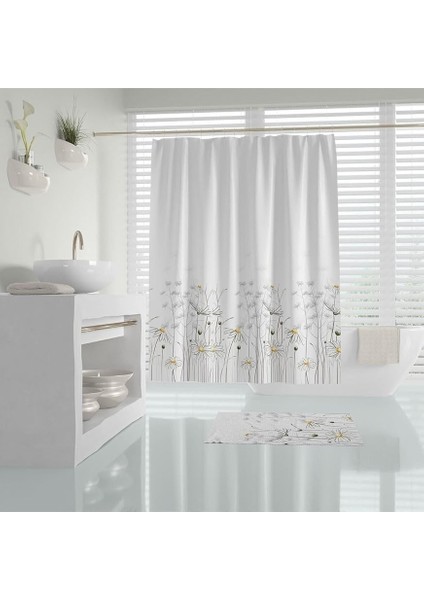 Home Duş Perdesi Seti, 12 Adet C Halka Hediyeli Banyo Perdesi-Banyo Duş Perdeleri-Banyo Aksesuarları Papatya