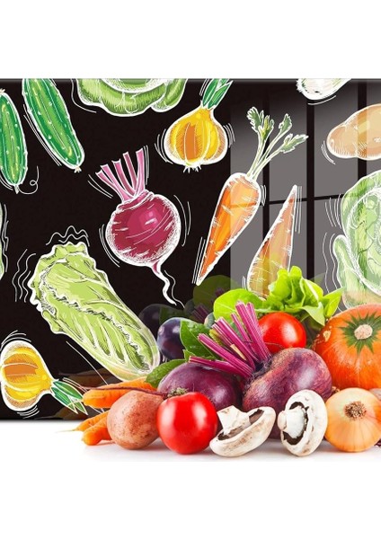 Cam Kesme Tahtası ve Sunum Tablası Sebze Desenli 20 x 30 cm