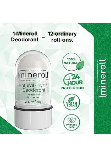Doğal Kristal Deodorant - Vegan, Kokusuz, 24 Saat Koruma, Kadın ve Erkeler Için - Alum Taş, Mineral Tuz, Roll-On, 70 gr fiyatları