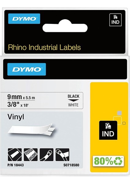 Rhinopro, Renkli Vinil Şerit (9 mm x 5.5 Mt), Beyaz/siyah - 18443