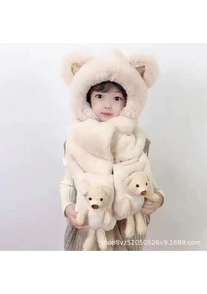 Sonbahar ve Kış Peluş Sıcak Kulak Koruma Sevimli Kapi A Şapka Eşarp Hepsi Bir Arada Üç Parçalı Set (Yurt Dışından)