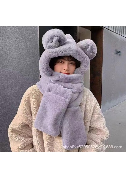 Sonbahar ve Kış Peluş Sıcak Kulak Koruma Sevimli Kapi A Şapka Eşarp Hepsi Bir Arada Üç Parçalı Set (Yurt Dışından)