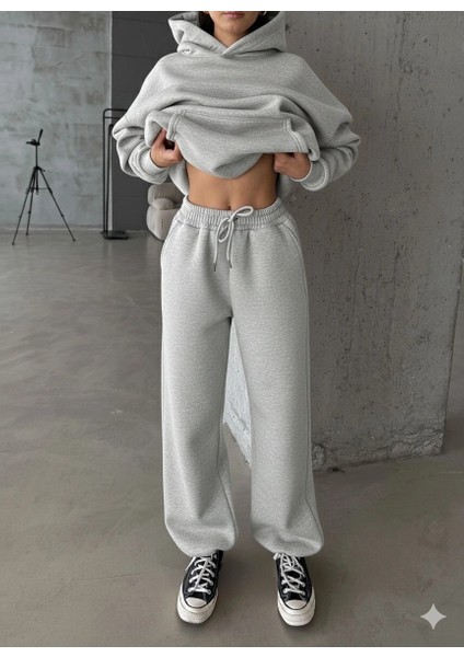 3 Iplik Şardonlu Lastik Paça Eşofman Gri P510439