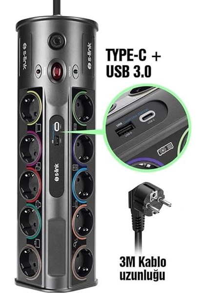 SP10AF 3m 1860 Joule 1.5mm 1 USB 1 Typec 2.1A/5V 16A 250V 3680W 10LU Akım Korumalı Priz fiyatları