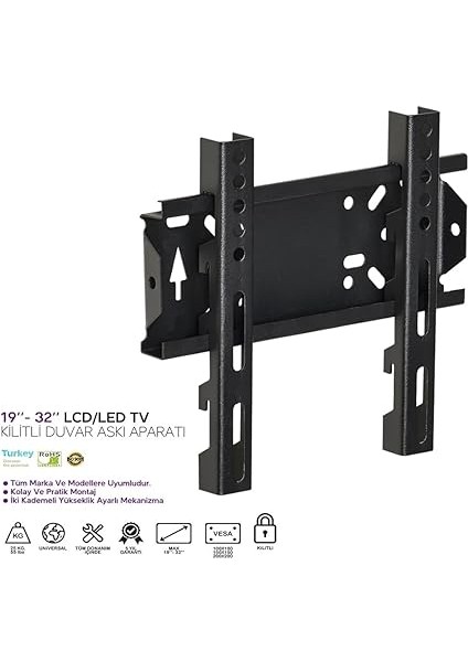 19"-32" Sabit Kilitli LCD LED Tv Duvar Askı Aparatı, 25 kg Taşıma Kapasitesi, Televizyon Askısı, Duvara Montaj fiyatları
