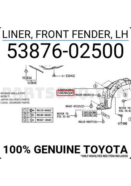 Toyota Corolla 2007-2012 Ön Sağ Çamurluk Davlumbazı (Enjeksiyon Üretim) Oem No (5387512430)