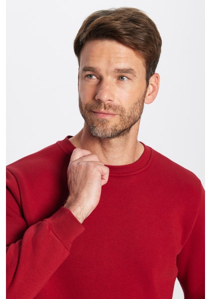 Unisex Relax Fit Rahat Kesim Pamuklu Yumuşak Dokulu İçi Polarlı Basic Bordo Bisiklet Yaka Sweatshirt