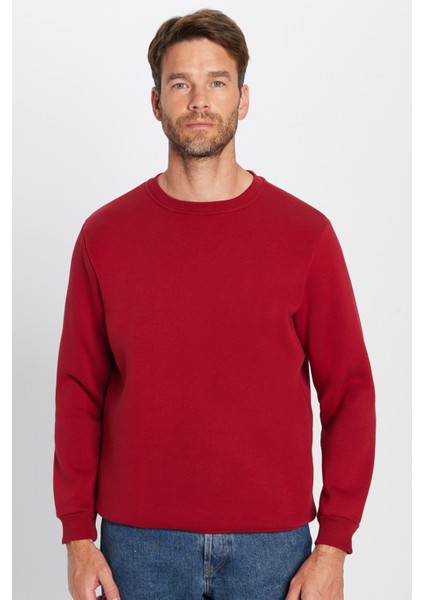 Unisex Relax Fit Rahat Kesim Pamuklu Yumuşak Dokulu İçi Polarlı Basic Bordo Bisiklet Yaka Sweatshirt indirimleri