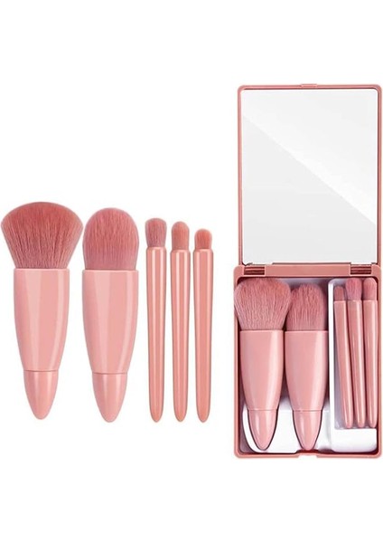 Kolay Alınan Seyahat Makyaj Fırça Seti, 5 Adet Mini Komple Fonksiyonlu Kozmetik Fırça Seti (Aynalı 5 Adet)