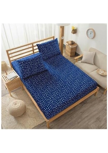 Çift Kişilik Ara Ölçü Lacivert Yıldız Desenli Lastikli Çarşaf Takımı - 140X190