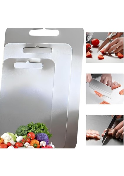 3'lü Paslanmaz Çelik Kesme Tahtası Seti Gıda Temasına Uygun Antibakteriyel 34X23 29X19 24X15 0,7mm Kesim Panosu Levhası Cam Kesme Tahtası