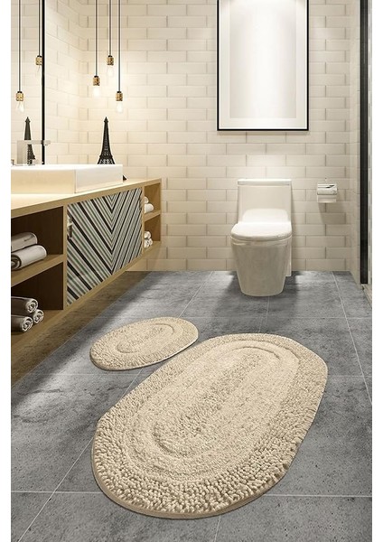 Home Macoronı Bej 2li Set Klozet Takımı Banyo Paspas Seti Halısı Cotton