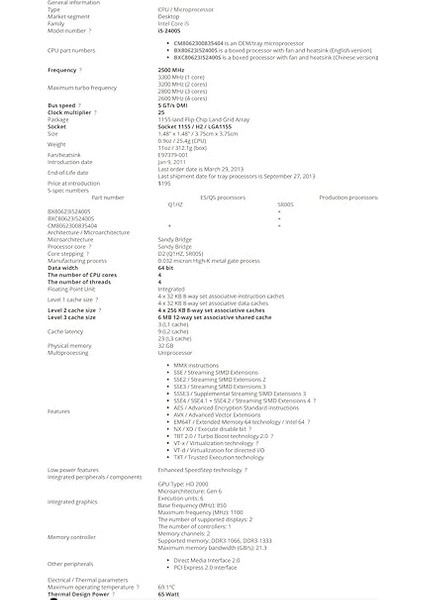 Intel Core I5-2400S I5 2400S 2,5 Ghz Dört Çekirdekli Cpu Işlemci 6m 65W Lga 1155 fiyatları