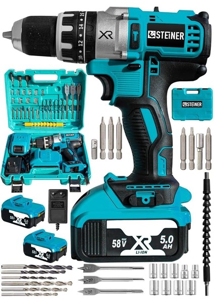 Alman Darbeli 58 V 5AH Mavi Xr Li-Ion Çift Akülü Şarjlı Vidalama Matkap Pro Set