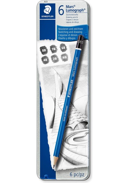100 G6 Mars Lumograph Kursun Kalem 6'lı Metal Kutuda 8b, 7b, 6b, 4b, 2b, Hb