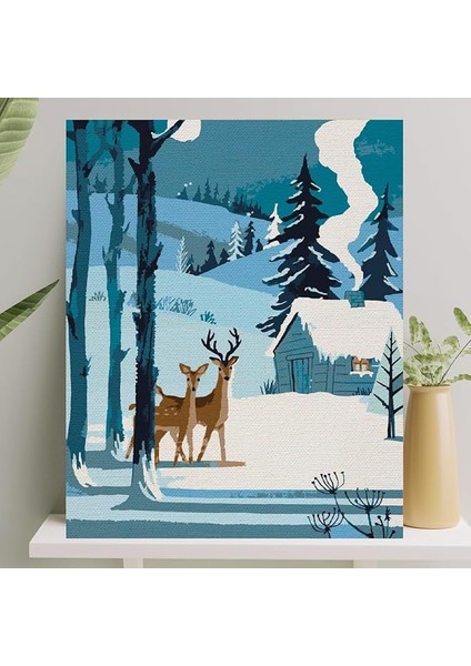 Hobi Sanat Sayılarla Boyama Tuval Seti Fırça Boya Dahil (Çıtalı) 40X50 cm - Kardaki Geyikler