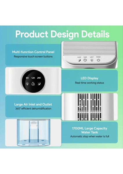 1700ML Hava Nem Alma Cihazı Sessiz Nem Alma Cihazları Ev 7 Renkli LED Zamanlayıcı ve Yatak Odası / Banyo Için Otomatik Kapanma Ab Tak (Yurt Dışından) modelleri