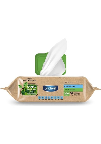 Fresh Deepfresh Iz Bırakmaz Yüzey Temizleme Havlusu, Karbonat & Beyaz Sirke, Beyaz Sabun Kokulu (100 Yaprak)