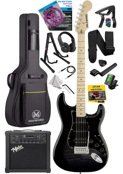 MAP-45BK-25AMP 25W Şarjlı Bt Amfili Siyah Elektro Gitar Seti Hss Manyetik Maple Klavye Strat Kasa