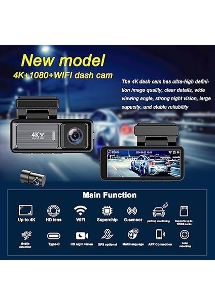 Mını Çift Lensli Wifi Gps Dash Kamera - 4K Ön Kamera & 1080P Arka Kamera, Gece Görüşü, Park Modu, Geniş Açılı Lens, Döngüsel Kayıt, 128GB Sd Kart Desteği (Dahil Değildir) M6 fırsatları