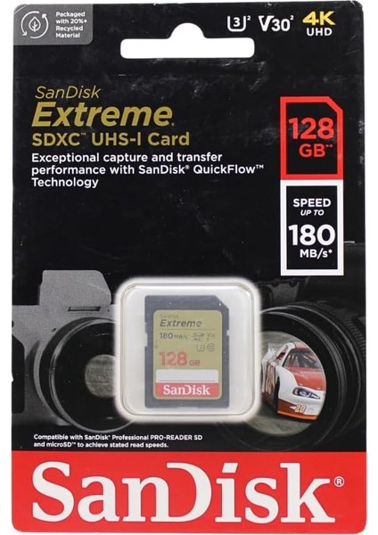 Extreme Sdxc Uhs-I Hafıza Kartı 128 GB (V30, 180 Mb/s Aktarım, U3, 4K UHD Videolar, Sandisk Quickflow Teknolojisi, Su Geçirmez, Darbeye Dayanıklı, Isıya Dayanıklı)