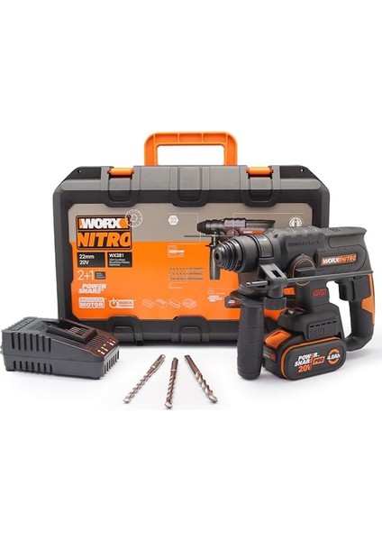 WX381 20VOLT 4.0AH. 2j Li-Ion Tek Akülü Şarjlı Profesyonel Sds-Plus Pnömatik Kırıcı/delici + 3 Parça Delme Ucu