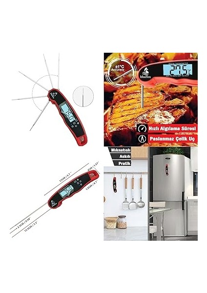 Dijital Hızlı Okunan Mutfak Termometresi - Mıknatıslı, Katlanabilir, Arkadan Aydınlatmalı LCD Ekran, 240° Dönebilen Prob, -50°C~300°C Aralığı indirimleri