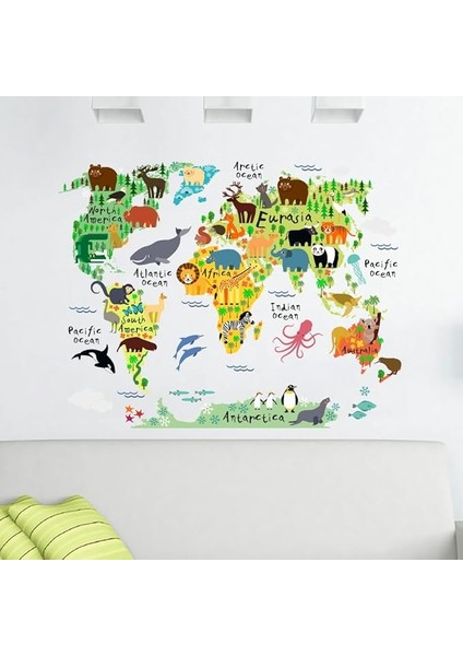 Eğitici Renkli Dünya Haritası, Dünya Atlası Çocuk ve Bebek Duvar Sticker