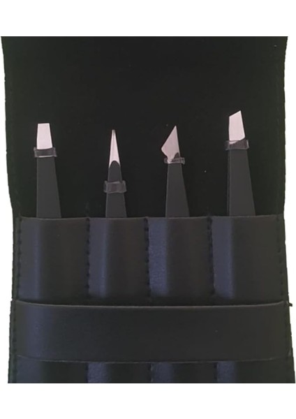 Deri Çantalı 4'lü Paslanmaz Çelik Cımbız Seti - Siyah/siyah TWZSET4001