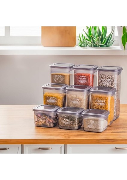 433-GR-3 9 Lu Kare Etiketli Gıda Erzak Baharat Saklama Kabı Seti 3x(0.60+1.30+1.90) Lt Gri