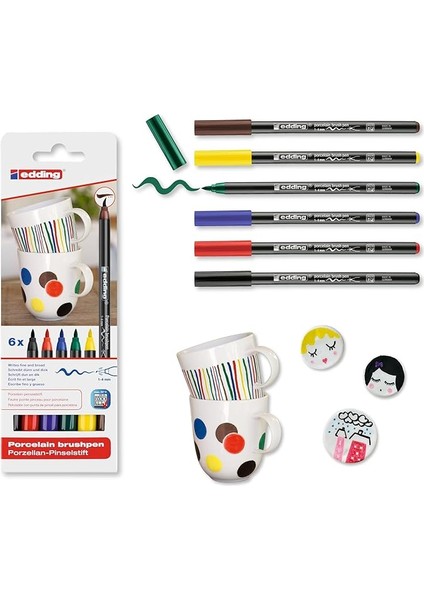 4200 Fırça Uçlu Porselen Kalemi - Siyah, Kırmızı, Mavi, Yeşil, Sarı, Kahverengi - 6 Kalem - Fırça Ucu 1-4 mm