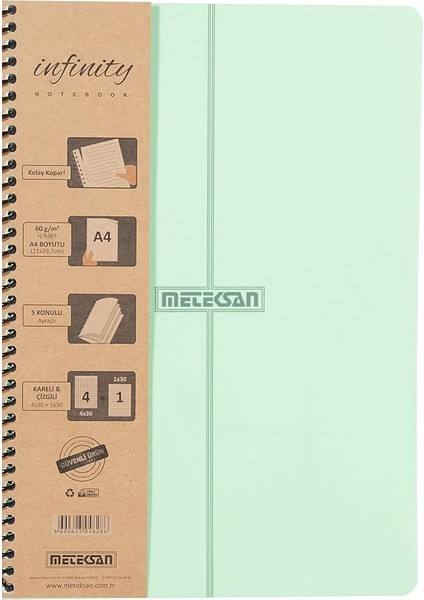 Infinity Pastel Serisi, A4, 5 Konulu (4 Kareli, 1 Çizgili) 150 Yaprak Pp Kapaklı Spiralli Defter, Yeşil