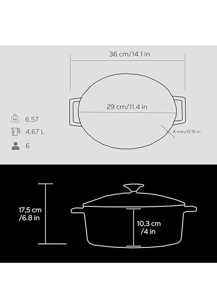 Metal Oval Döküm Tencere, 29 Cm, 4.67 L Hacim, Siyah indirimleri