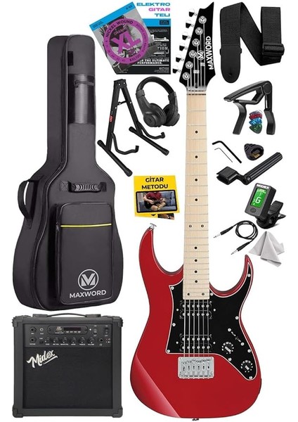 DE-150RD-25AMP Maple Klavye Hh Yüksek Kaliteli 25W Amfili Elektro Gitar Seti