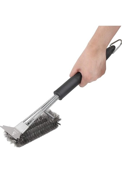 Paslanmaz Çelik Izgara Mangal Temizleme Fırçası | Kazıyıcılı, 360º Kapsamlı, 3 Başlı, Ergonomik Tutacaklı Barbekü Fırçası