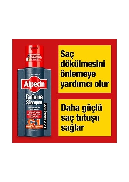 Kafeinli Şampuan C1 250ML | Saç Dökülmesini Önler ve Azaltır | Erkekler Için Doğal Saç Uzatma Şampuanı | Güçlü Saçlar Için Enerji Verici | Erkekler Için Saç Bakımı | Almanya'da Üretilmiştir fiyatları