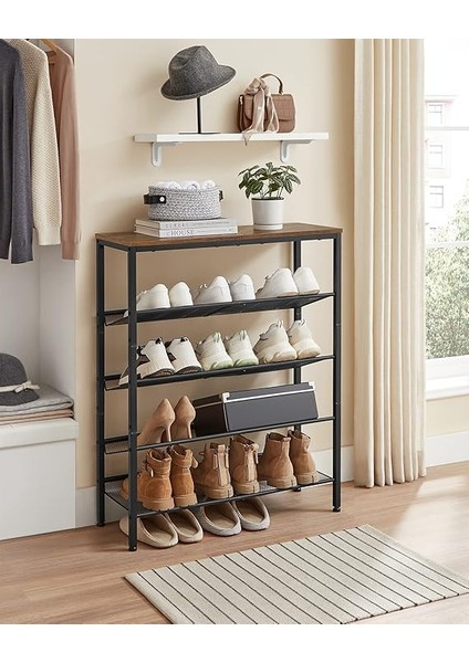 Ayakkabı Rafı 5 Katlı Ayakkabı Dolabı Açık Ayakkabı Rafı Ayakkabı Rafı 75 x 28 x 93 cm Çantalar Için Büyük Yüzey Giriş Koridoru Metal Endüstriyel Tasarım Vintage Kahverengi Siyah LBS038B01 fırsatları