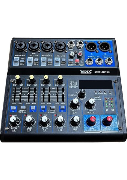 MDX-06FXU Ses Mikseri Stüdyo Kayıt Için 6 Kanal Ses Kartlı 99 Dsp Efektli (+48V-USB-BLUETOOTH) modelleri